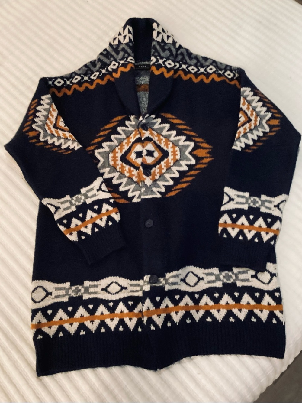 Zara Navy Shawl Collar Long Cardigan with Brown & White Aztec Motif